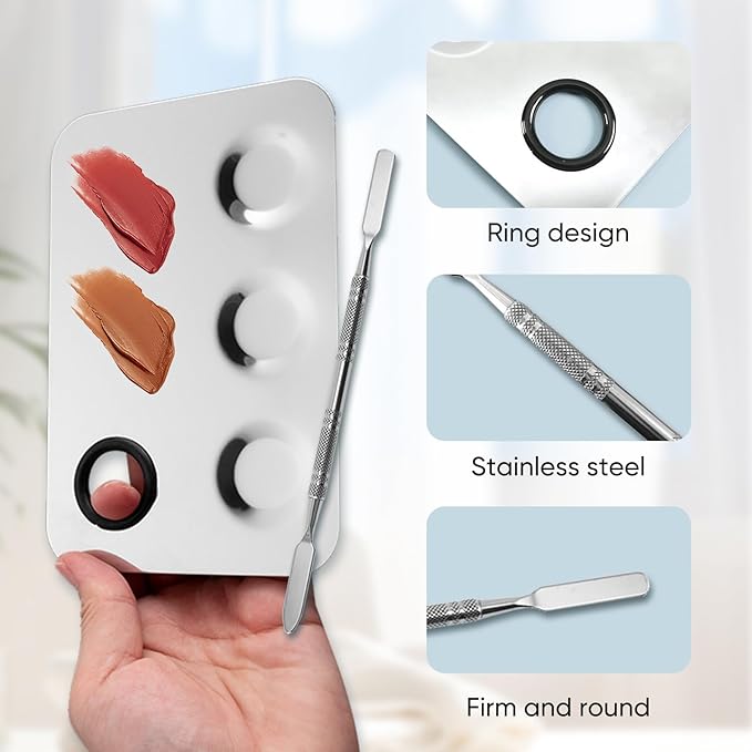 Stainless Steel Cosmetic Palette with Spatula, 3-well Mixing Makeup Palette and 3-dents Nail-art Mixer Metal Tray, also Fine Eyeliner Brush and Powder Puffs .Professional Makeup Palette with Spatula
