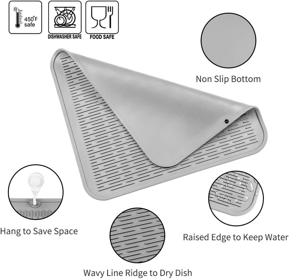 Silicone Dish Drying Mat for Multiple Usage,Easy clean,Eco-friendly,Heat-resistant Silicone Mat for Kitchen Counter or Sink,Refrigerator or Drawer Liner Grey XL 18 inches x 16 inches