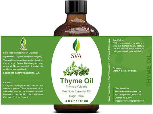 SVA Thyme Essential Oil – 4 Fl Oz – 100% Natural Thyme Oil - for Diffuser, Hair Care, Face, Skin Care, Aromatherapy, Scalp and Body Massage, Soap and Candle Making – with Dropper