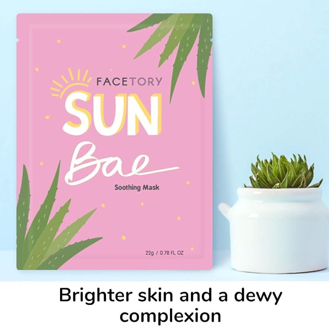 FACETORY K Beauty Face Mask Skin Care - SUN BAE SOOTHING Sheet Mask with Aloe & Shea Butter | After Sun Care, Soothe & Restore (10 Pack)