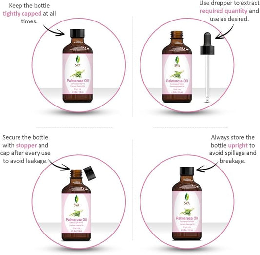 SVA Palmarosa Essential Oil – 4 Fl Oz – 100% Natural Palmarosa Oil - for Diffuser, Hair Care, Face, Skin Care, Aromatherapy, Scalp and Body Massage, Soap and Candle Making – with Dropper