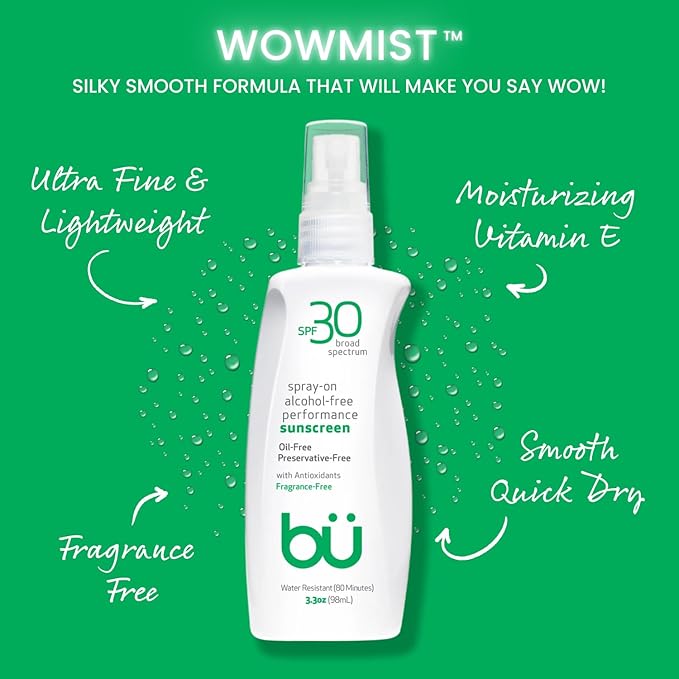 BU SPF 30 Sunscreen Spray for Face and Body, Fragrance Free, TSA Travel Size Sunscreen, Clear, Non Greasy, Water Resistant, for Sensitive Skin, 3.3 oz (3 Pack)