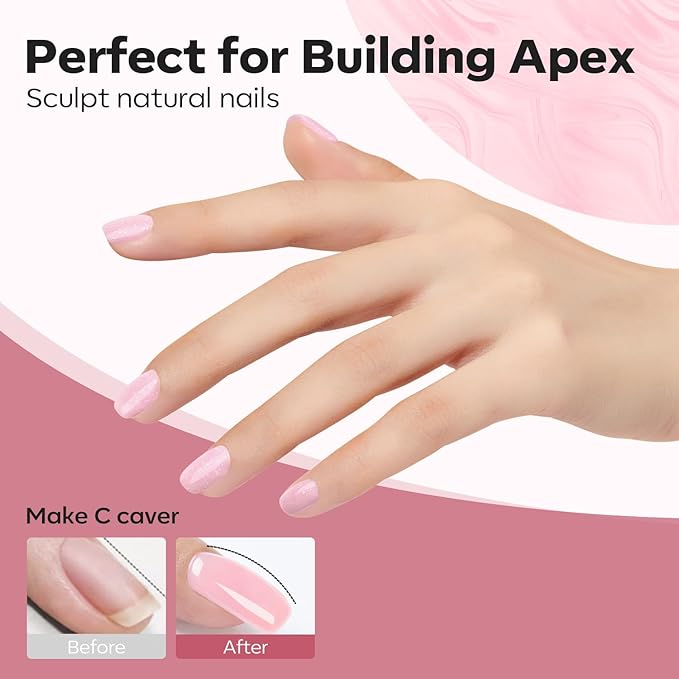 modelones Builder Nail Gel, 8-in-One Nude Pink Glitter Builder, Rainbow Iridescent Shimmer Nail Gel Polish, Jelly Pink Sparkle LED Lamp Cured Hard Rubber Color Base for Home DIY Salon Girls