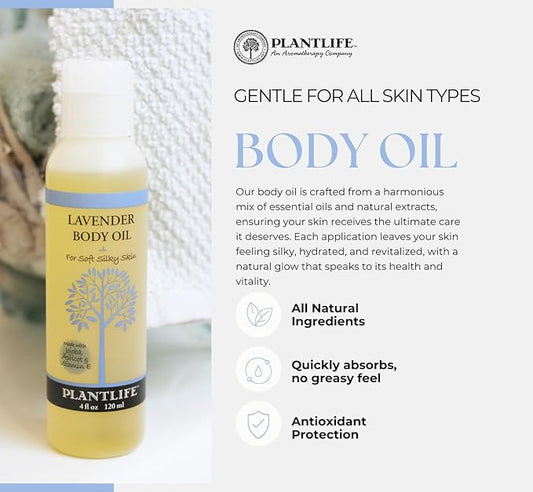 Plantlife Lavender Body Oil - Moisturizing Natural Body Oil for All Skin Types - Nourishing Dry Skin and Making It Feel Soft and Silky for Women & Men - Bath, Body & Massage Oil - 4oz