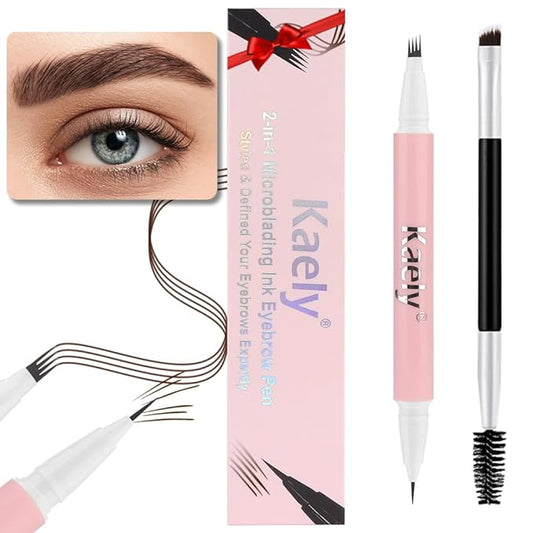evpct 1Pcs Dark Brown Magic Microblading Dual-Ended Eyebrow Contouring Pen Brow Pencil, with 4 Brush Micro-Fork-Tips Applicator and Precise Brush-Tip, Hair Like Strokes, Dual-ended Eyebrow Brush