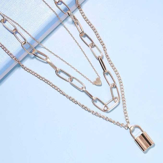 Punk Layered Heart Choker Necklace Gold Lock Pendant Necklace Chunky Paper Clip Chain Necklace Vintage Statement Necklace Chain Jewelry for Women and Girls Gift