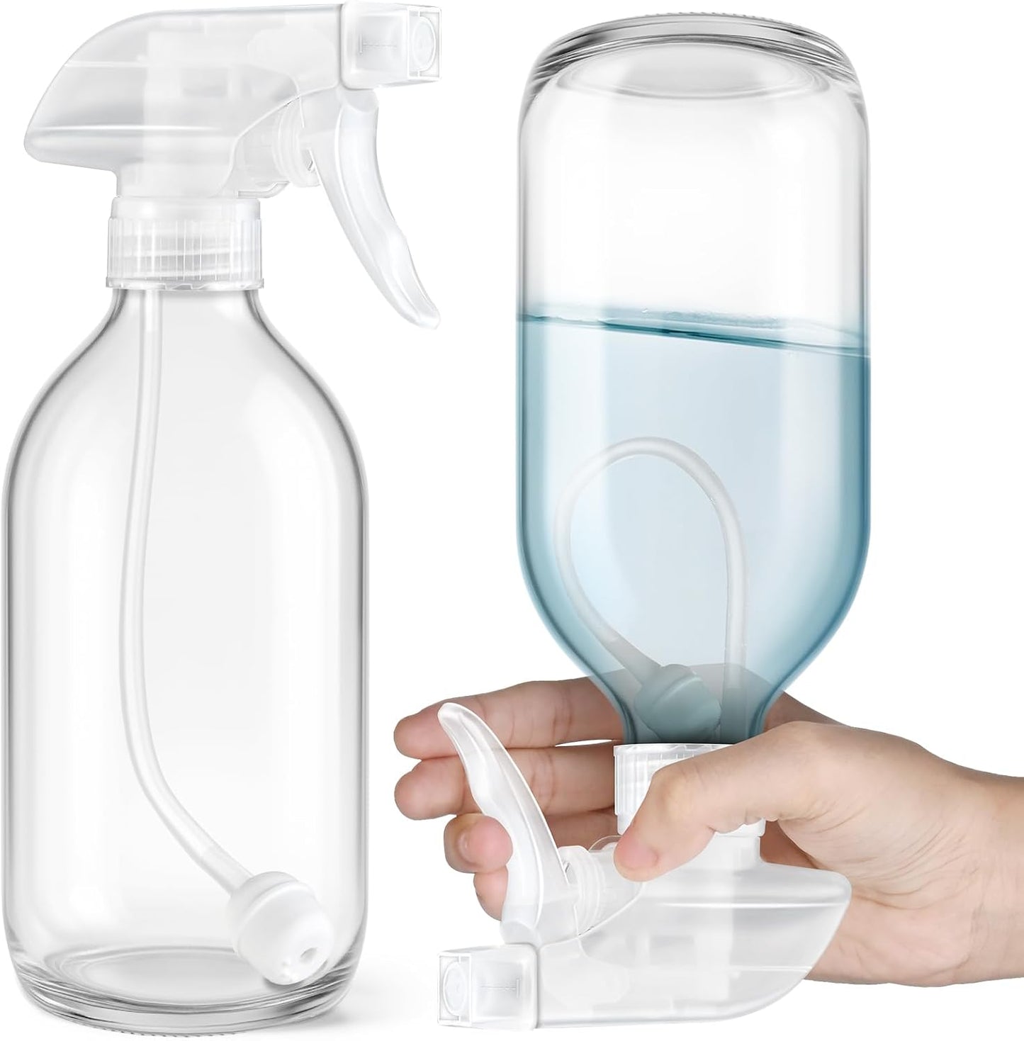 Tecohouse 2 Pack 360° Glass Spray Bottles Clear, 16 oz Empty Refillable Containers with Adjustable Spray Nozzles, Spray Bottles for Cleaning Solutions and Plants