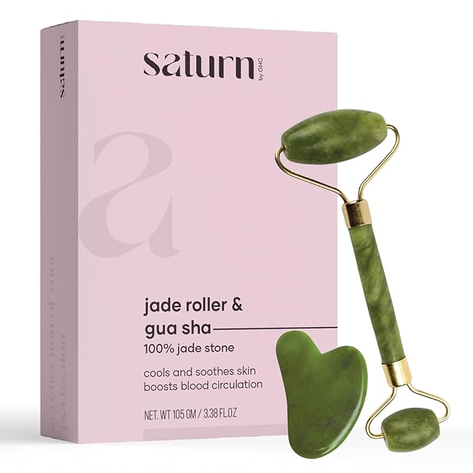 Saturn by GHC Authentic Rose Quartz Jade Roller & Gua Sha Set – Premium Facial Massage Tools for Skin Revitalization and Toning