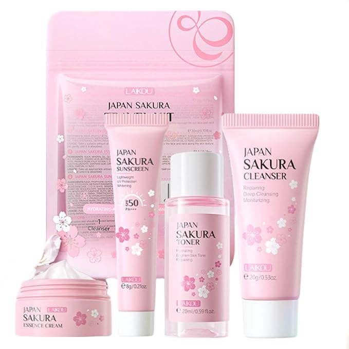 Sakura Travel Skincare Set for Teenage Girls - Face Routine Set for Women,4 Piece Gentle Skin Cleaning & Care Travel Size Kit With Cleanser, Toner, sunscreen and Face Cream
