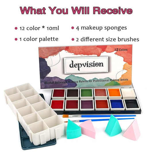 Depvision Alcohol Activated Face Paint SFX Makeup 12 color for Special Effects Wound Bruise Waterproof Professional Makeup Artist with Color Palette Sponges Brushes Skin Illustrator