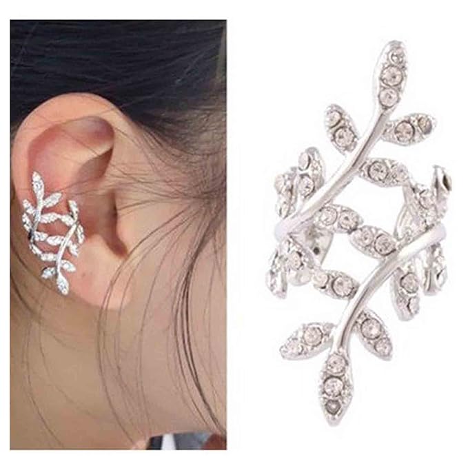 Boho Cz Leaf Ear Cuff Earrings Silver Ear Crawler Earrings Paved Rhinestone Cartilage Cuff Earrings Non Piercing Ear Cuff Wrap Earrings Jewelry for Women and Girls Gifts