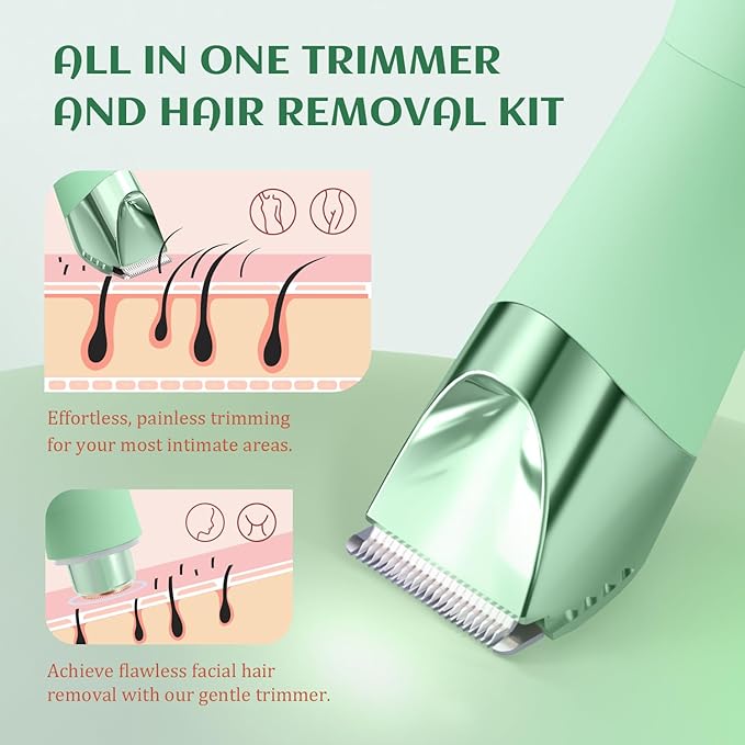 SUPRENT Bikini Trimmer Women - Painless Ladies Hair Removal - Waterproof Wet & Dry - 2 in 1 Lady Shaver for Pubic & Facial Hair - Cordless Electric Razor with USB-C Rechargeable - Green