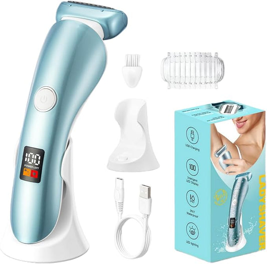 Electric Shaver for Women, Bikini Trimmer Wet & Dry Use, Body Hair Removal, Electric Razors for Leg Armpit Public Painless, Cordless Rechargeable Trimmer, Detachable Head, with LED Light
