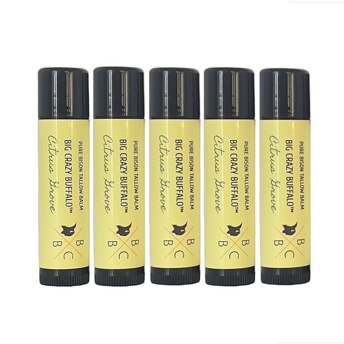 Pure Bison Tallow Lip Balm, Citrus Grove, (5 pack) - Lemongrass & Lemon, Moisturizing, Non-Habit Forming