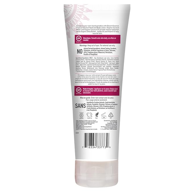 Desert Essence, Tropical Coconut Hand & Body Lotion 8 fl. oz. - Gluten Free - Vegan - Cruelty Free - Coconut Oil, Jojoba Oil & Vitamin E - Intense Hydration - Tropical Coconut Scent