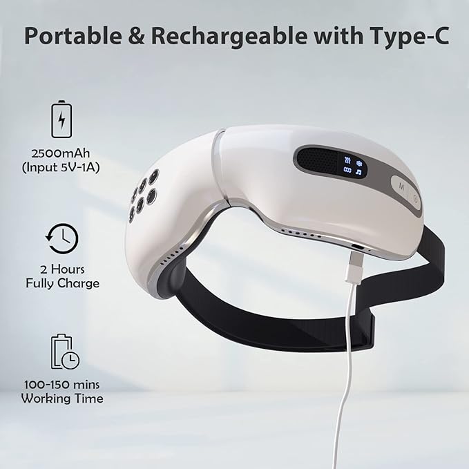 Eye Massager with Heat and Cooling for Migraines, Dry Eyes, Dark Circles, Rechargeable Bluetooth Music Cold Heated Eye Massager Improve Sleeping - Gifts for Women and Men (White)