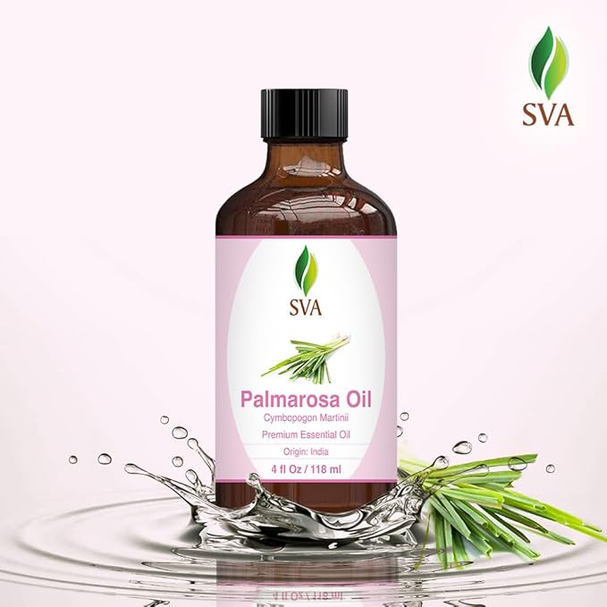 SVA Palmarosa Essential Oil – 4 Fl Oz – 100% Natural Palmarosa Oil - for Diffuser, Hair Care, Face, Skin Care, Aromatherapy, Scalp and Body Massage, Soap and Candle Making – with Dropper