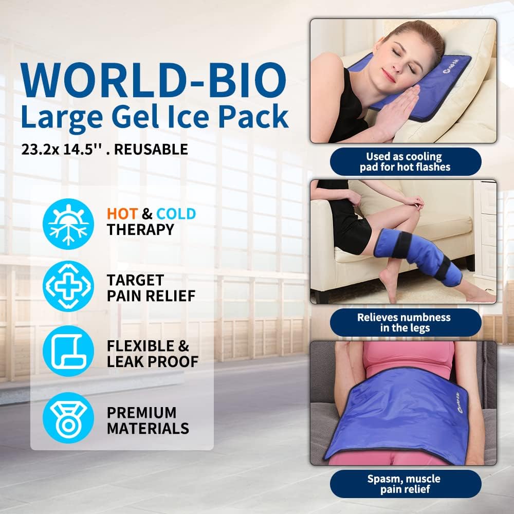 Extra Large Ice Pack for Injuries Reusable, Physical Therapy Cold Pack w/2 Straps for Full Back Knee Pain Relief, Hot Cold Compress Gel Ice Wrap for Swelling, Bruises, Large Ice Pad 23.2" x 14.5" Blue