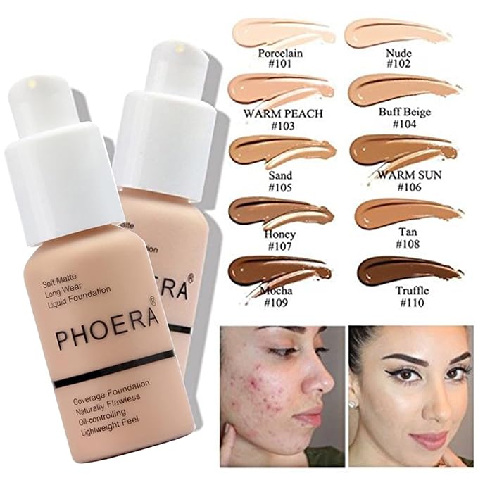 PHOERA Foundation Makeup for Wome Full Coverage Foundation Set,Face Primer Foundation Brush Powder Brush,5 Makeup Sponge,30ml PHOERA 24HR Matte Oil Control Concealer (2 PCS 101 Porcelain)