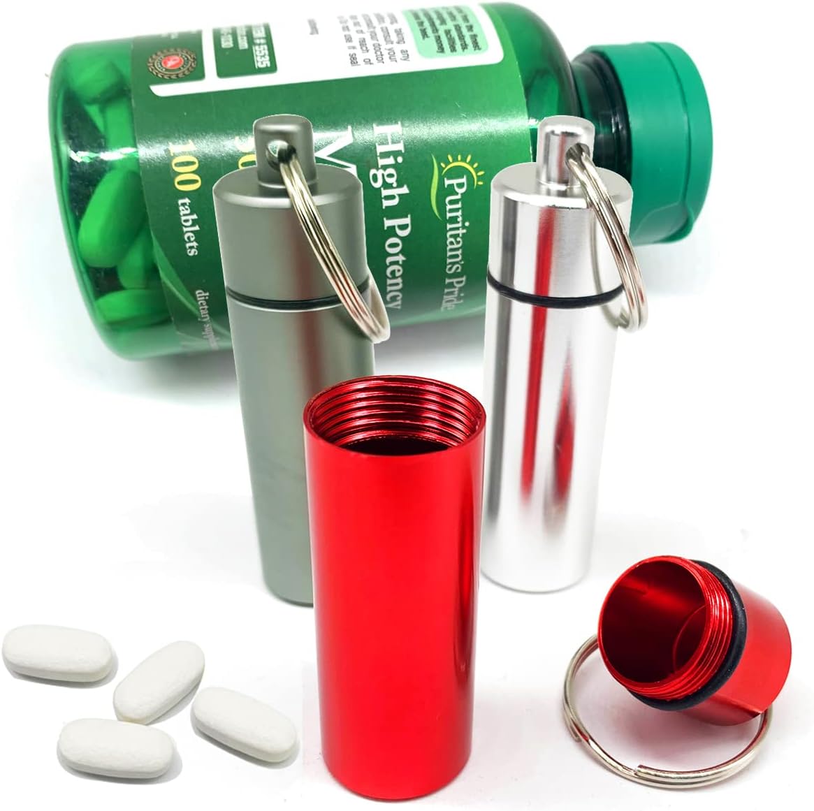 3 Packs Keychain Pill Holder, EFFIET Waterproof Pill Fob Case Box Outdoor Container for Emergency Medicine Foam Earplug Storage Case with Ear Plugs (Silver-Matt-Red)