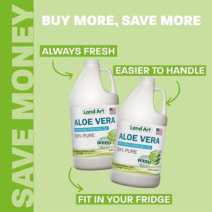 Organic Aloe Vera Drinkable Gel for Heartburn & Acid Reflux Relief - 99.7% Pure - Cold-Processed - Improves Digestive Health - Soothing and Natural - Vegan & Gluten-Free - 64 fl oz (Pack of 2)