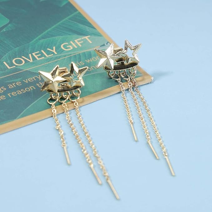 Boho Star Ear Jacket Earrings Gold Thin Bar Tassel Earrings Long Drop Chain Earrings Two Way Double Sided Earrings Jewelry for Women and Girls
