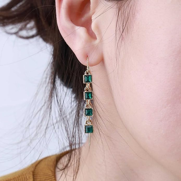 Vintage Emerald Crystal Threader Earrings Green Gem Drop Earrings Emerald Cz Square Earrings Gold Long Emerald Chain Earrings Jewelry for Women