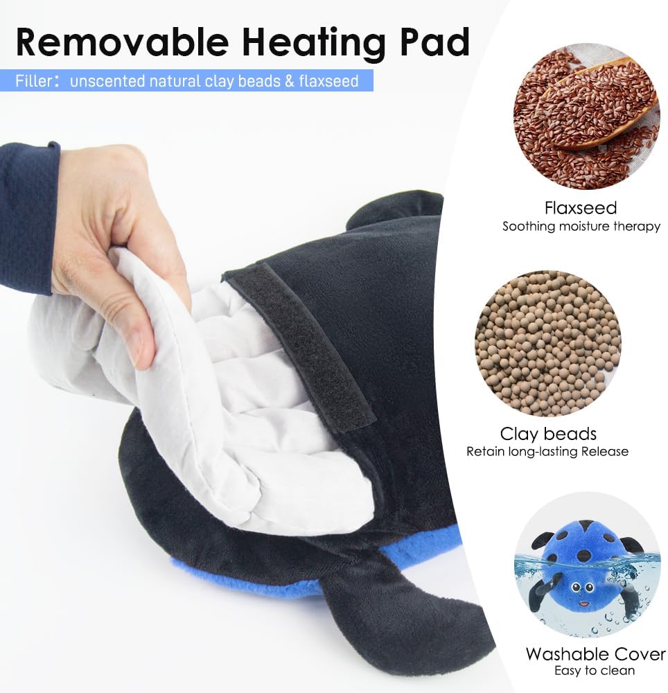 Microwavable Heating Pad for Pain Relief, Cute Unscented Stuffed Animal Moist Heat Pad for Neck, Shoulder, Stitched Heatable Soft Pillow for Cramps, Period, Gift for Women & Kids (Blue)