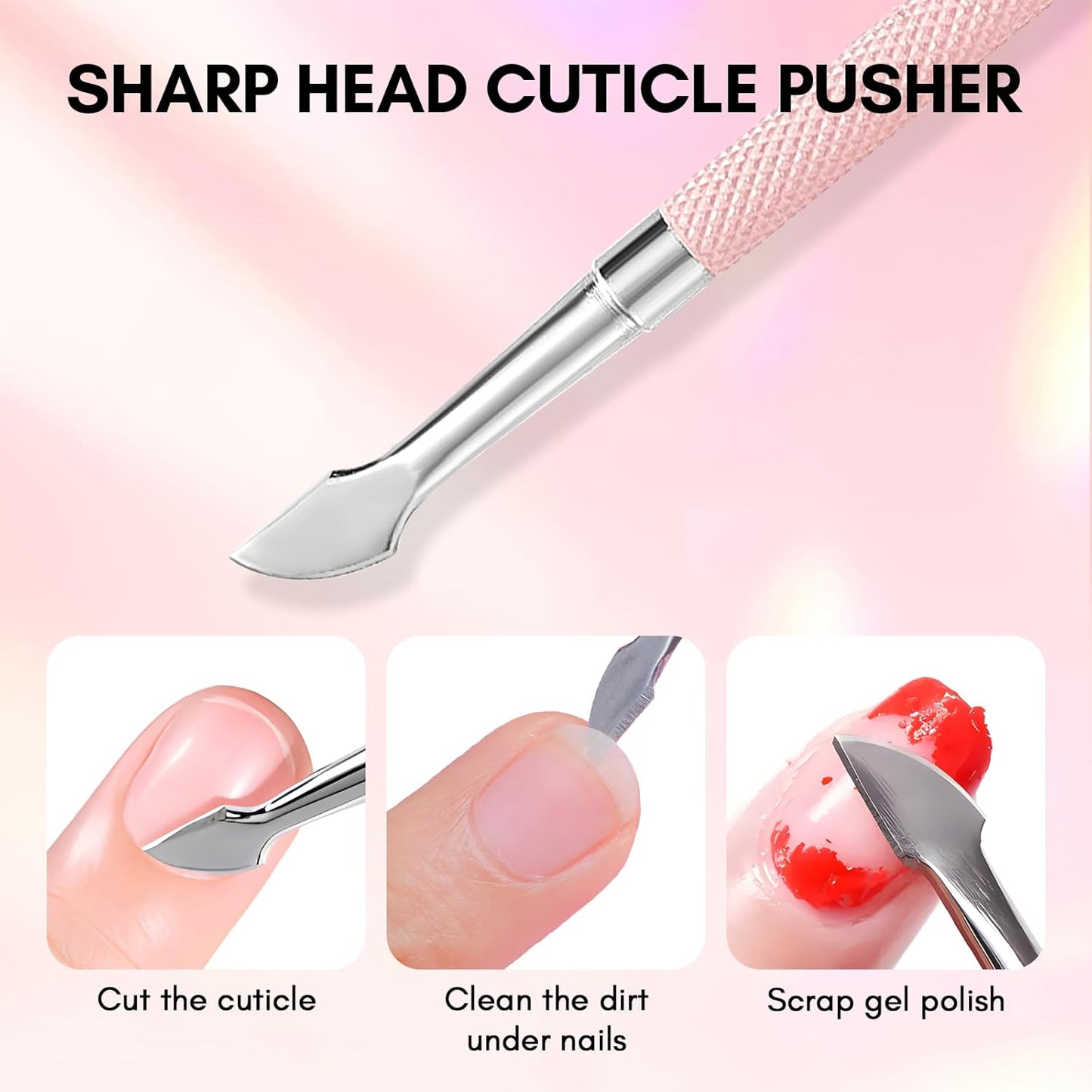 Makartt Cuticle Pusher, Pink Cuticle Remover, Professional Stainless Steel Nail Cleaner Dual Ended Spoon Pusher and Cutter Cuticle Care Nail Prep for Manicure Pedicure Nail Art