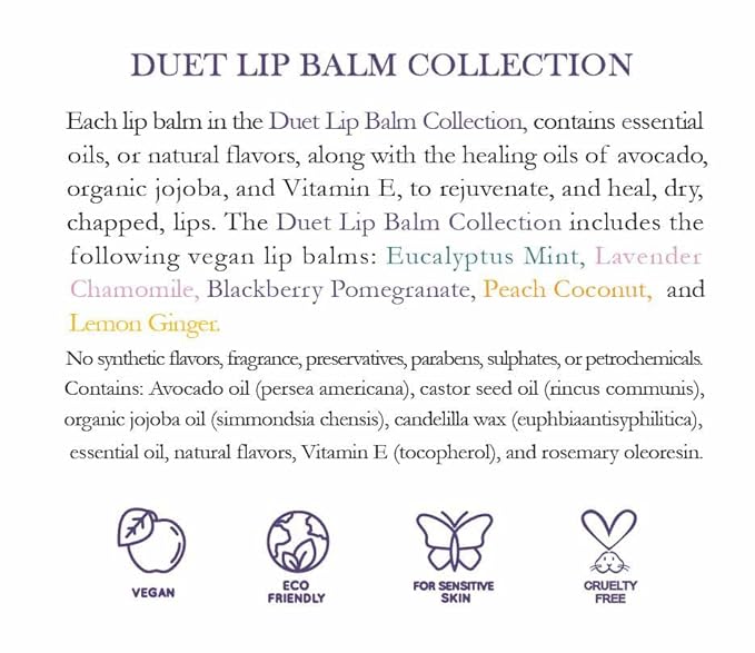 Duet Lip Balm Collection, Vegan Lip Balm Set, Beeswax Free, with Avocado Oil, Organic Jojoba Oil, and Vitamin E, Natural Moisturizer for Dry, Chapped Lips, 5 Tube Set