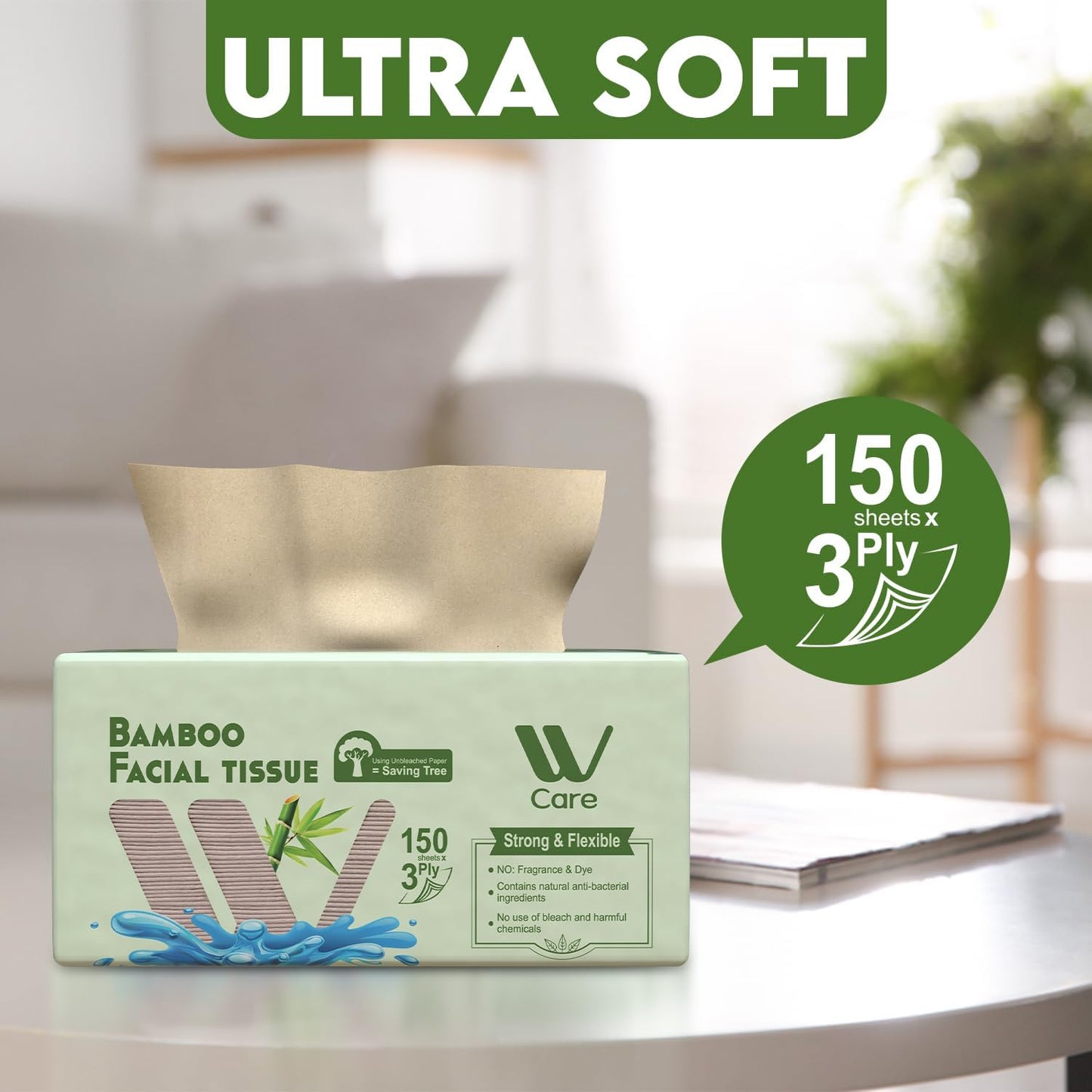 Care Bamboo Facial Tissues, Bulk Box of 10 Packs, 150 Sheets Each, Total 1,500 Sheets, Soft and eco-friendly, perfect for everyday use, great value