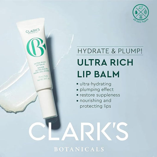 Clark's Botanicals Ultra Rich Lip Balm: Plumping Moisturizer with Collagen and Shea, Mango & Avocado Butter + Vitamin E, Stimulating Organic Lip Treatment | 0.34 fl oz (Pack of 1)