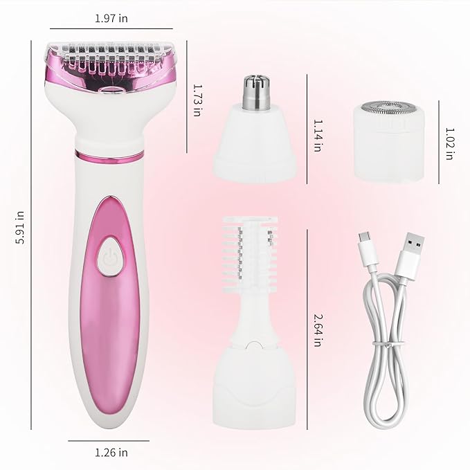 Electric Razor for Women Men,4 in 1 Painless Ladies Wet & Dry Body Razors and Facial Hair Remover,Rechargeable Led Display Hair Removal Kit for Nose Face Body Leg Bikini Arm Hair (Pink)