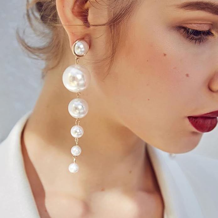 Boho Pearl Drop Dangle Earrings Big Pearl Tassel Earrings Gold Long Drop Earrings Elegant Vintage Earrings Jewelry for Women