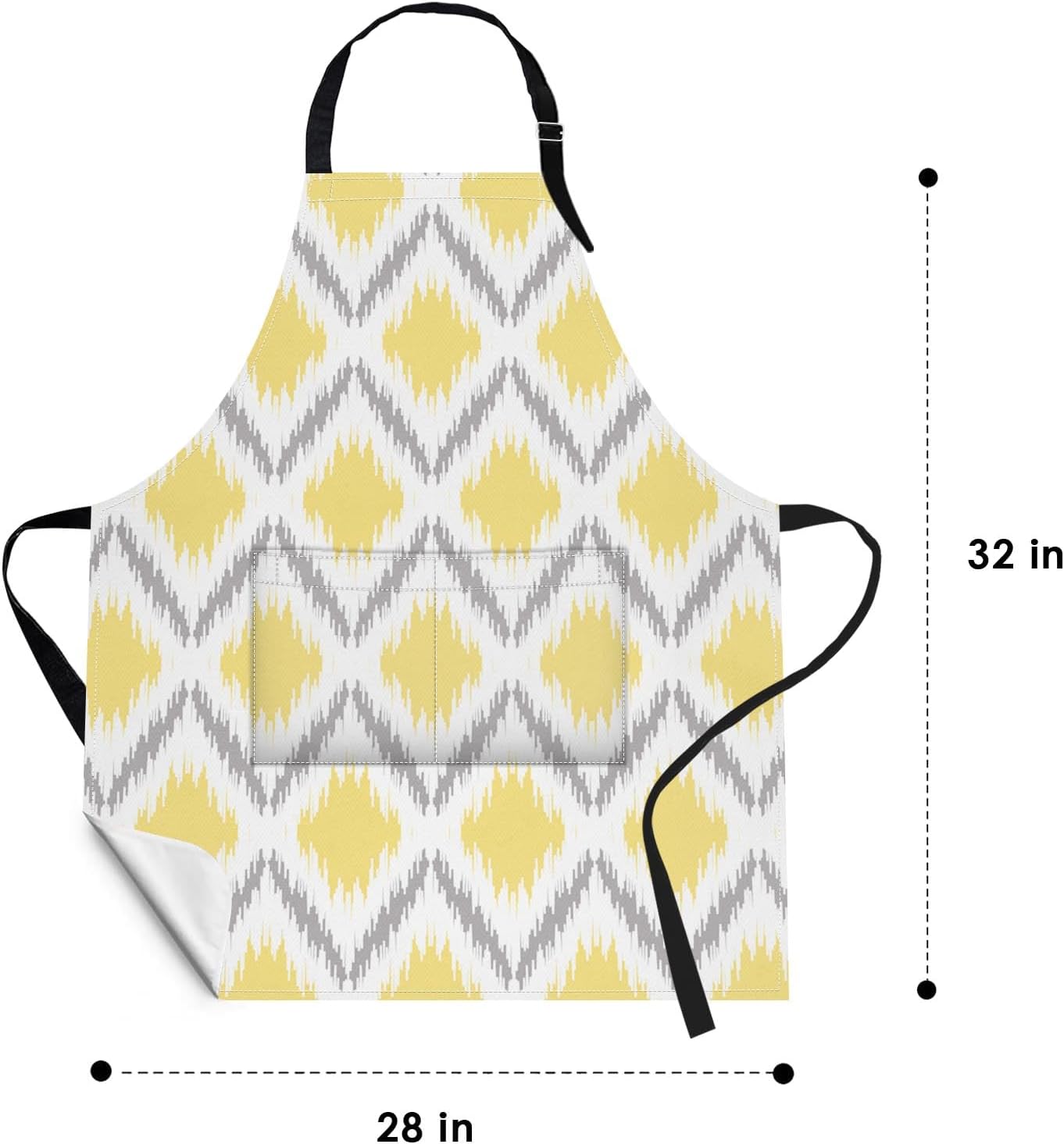 2 Pack Aprons, Dahlia Geometric Plaid Chevron Adjustable Bib Aprons with 2 Pockets for Women Men Couple Lovers Chef Home Kitchen Cooking Baking Gardening Grey Yellow Flowers Apron 32x28 Inches
