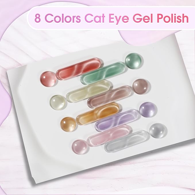 ROSALIND Cat Eye Gel Nail Polish, 8 Color Jelly Gel Polish with Magnet Stick Magnetic Cateye Translucent Effect Sheer Glitter Collection Manicure Gifts for Women