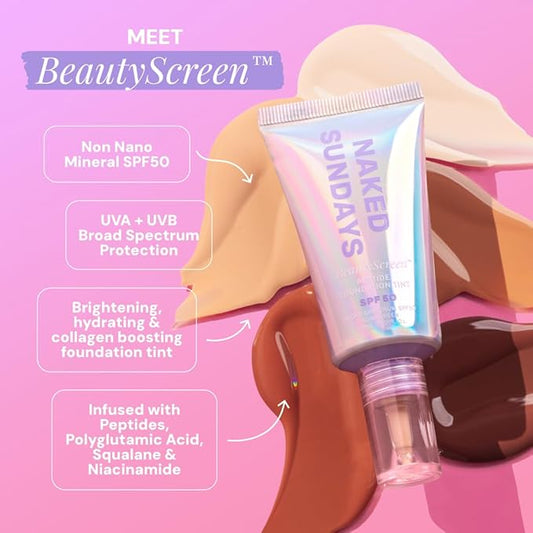 Naked Sundays BeautyScreen™ SPF 50 Mineral Peptide Foundation Tint – 2-in-1 Skin Tint & Mineral Sunscreen | Radiant, Buildable Coverage, Acne-Safe, Infused with Peptides (3 Warm Honey, 1.01 oz)