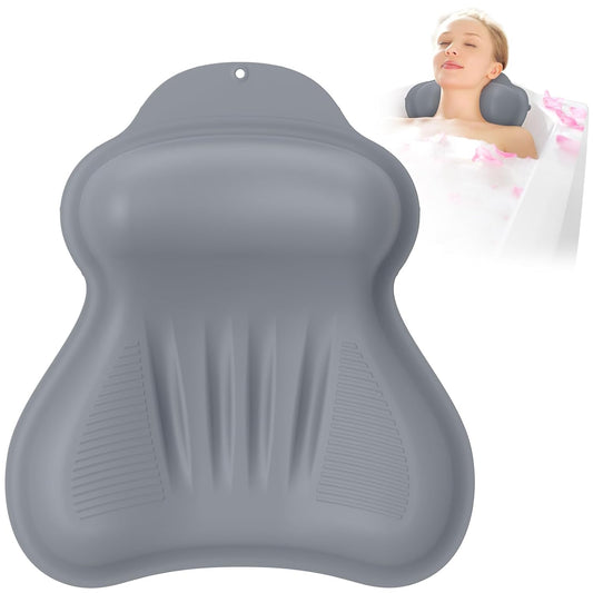 Silicone Bath Pillow, New Material Bath Pillows for Tub Head Neck and Back Support, Bath Tub Pillow with 4D Press Inflatable Airbag and Non-Slip Strong Suction Cups, Quick-Drying, Easy to Store, Gray