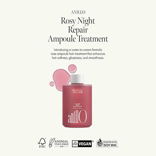 Rosy Night Hair Ampoule Treatment for Damaged Hair – Water-to-Cream Repair Formula with Peptides & Amino Acids – Frizz Control, Color Safe, Silicone-Free, Floral Musk Scent – 6.76 fl oz
