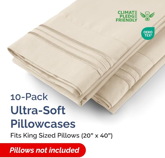 King Pillow Cases Set of 10 - Ultra Soft Hotel Quality Pillowcase Covers - Comfy & Wrinkle Free - Shrink, Stain and Fade Resistant - Easy-Care, Machine Washable Pillow Protectors - 10 Pcs Set - Wheat