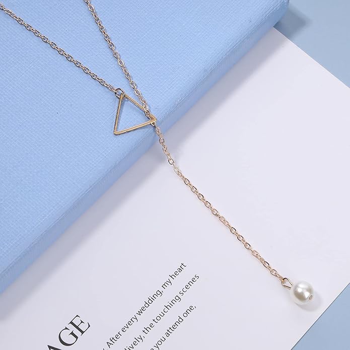 Boho Pearl Triangle Necklace Gold Y Pearl Necklace Minimalist Y Lariat Necklace Geometry Chain Jewelry for Women and Girls