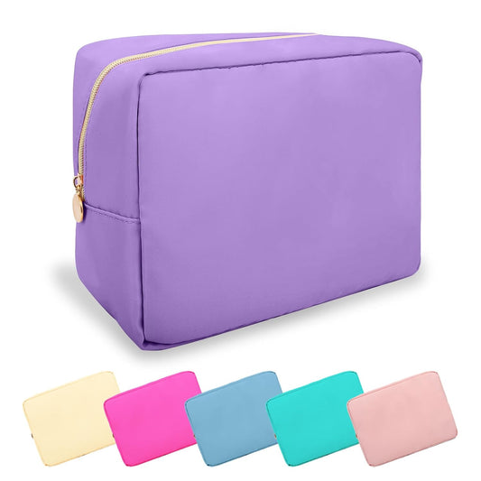 Large Makeup Bag Pouch,Nylon Women Travel Toiletry Storage Bag Preppy Cosmetic Bag for Girls,Big Makeup Organizer Bag Cute Zipper Pouch Skincare Bag for Sport Work Gift(Large-Purple)
