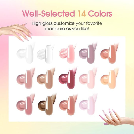 ROSALIND Poly Nail Gel Kit -14 Colors Nail Art Accessories kit Clear Nude Nail Extension Gel Starter with Slip Solution White Nude Pink Nail Extensions Gels Set with Mini UV Lamp