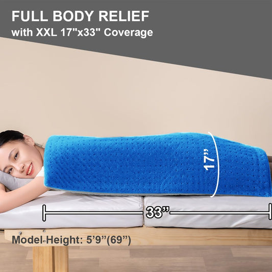 Boncare® 17"x33" Extra Large Heating Pad for Back Pain Relief & Period Cramp Without Auto Shut Off & 5 Auto Shut-Off Timers, 6 Heat Levels 9 Hr Auto Off and 12.6ft Cord Bed Foot Warmer(Blue)