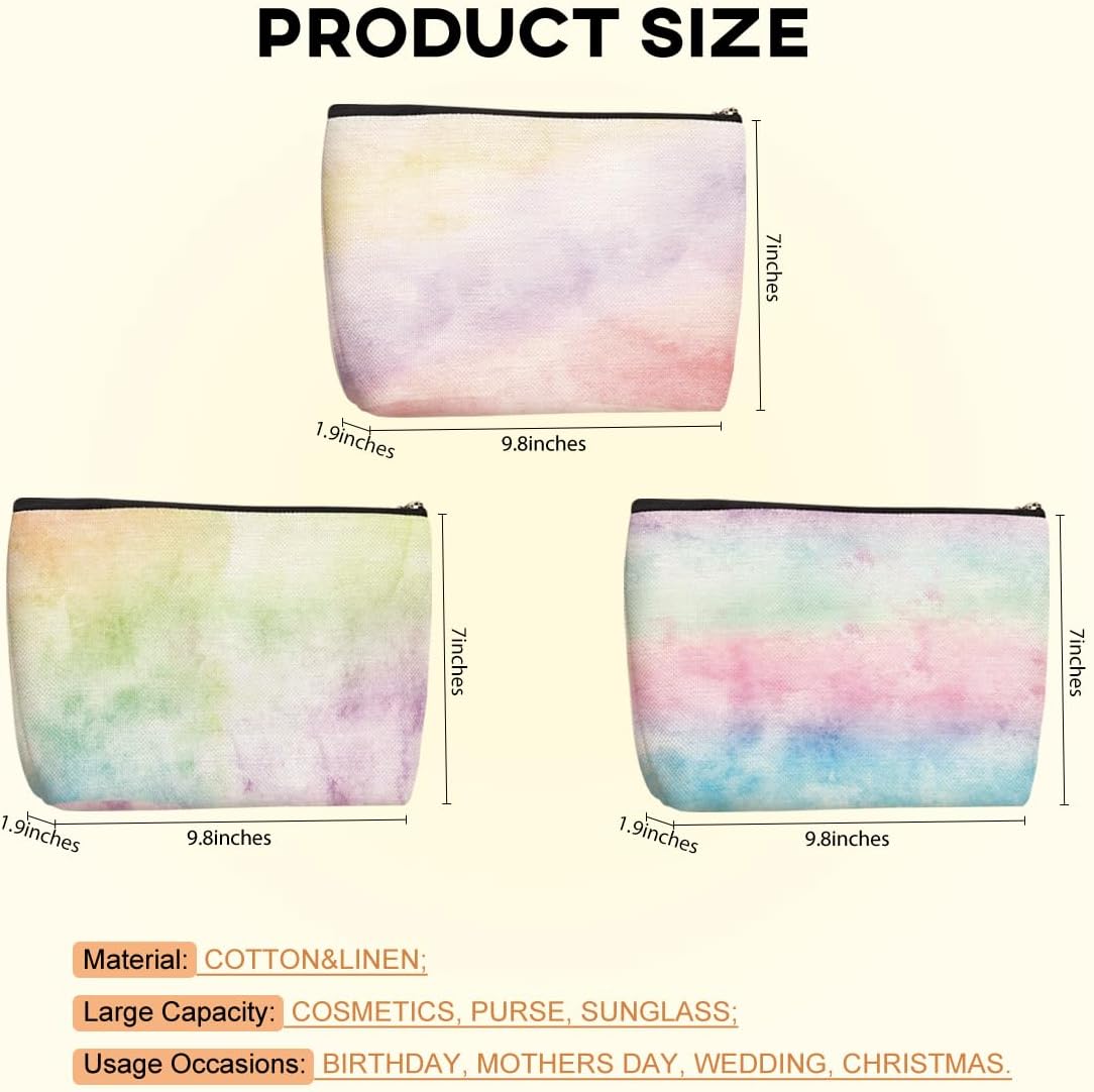 3Pcs Pastel Watercolor Rainbow Makeup Bag, Cosmetic Bag, Waterproof Cute Travel Toiletry Bag Organizer Make Up Bag Mothers Day Birthday Friendship Gifts for Women Girls Coworker Sister Bestie Grandma