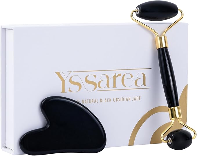 Yssarea Obsidian Roller and Gua Sha - Face Roller | 100% Natural Obsidian Stone Set | Dual Sided Face Massager | Reduces Signs of Aging, Black