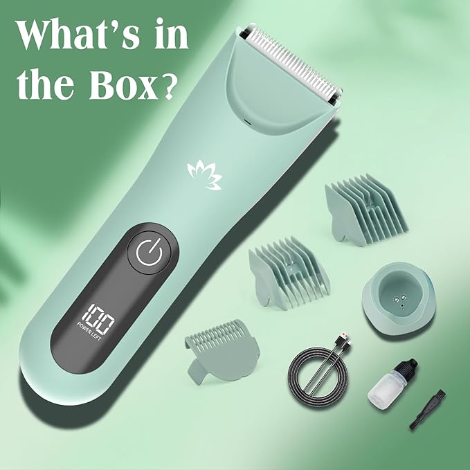 Electric Bikini Trimmer for Women,Electric Razors for Women,Cordless Pubic Hair Trimmer,IPX7 Waterproof & LED Display Mens Ball Trimmers Bikini Shaver for Underarm Leg Arm,Gifts Green