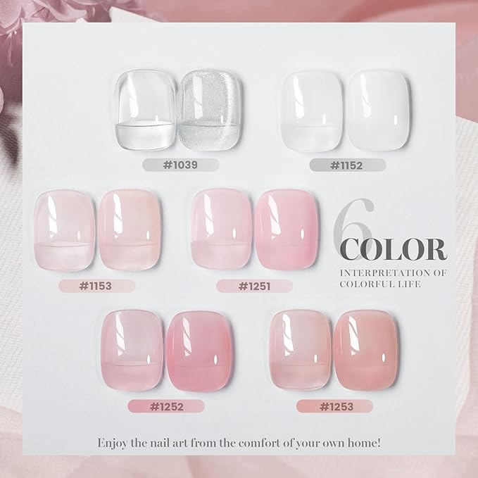 RARJSM Nude Fiber Glass Rubber Base Gel Nail Polish Set 6pcs for Repair Broken Nails Clear Milky White Jelly Rose Pink Strengthener Base Coat Transparent Brush on Building Gel in a Bottle 7.5ml