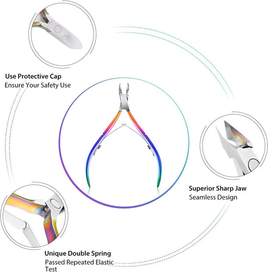 Easkep Cuticle Trimmer with Cuticle Pusher, Cuticle Remover Professional Stainless Steel Cuticle Cutter Nippers Rainbow Sharp Sturdy Pedicure Manicure Tools for Fingernails and Toenails 1