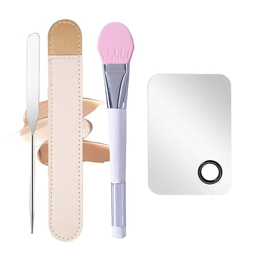 Makeup Spatula,Korean Spatula Makeup Stainless Steel Makeup Spatula and Palette Set,Professional Foundation Spatula Facial Cosmetic Makeup Tool (1 Cosmetic Brush+1Spatula+1 Rectangle Palette)
